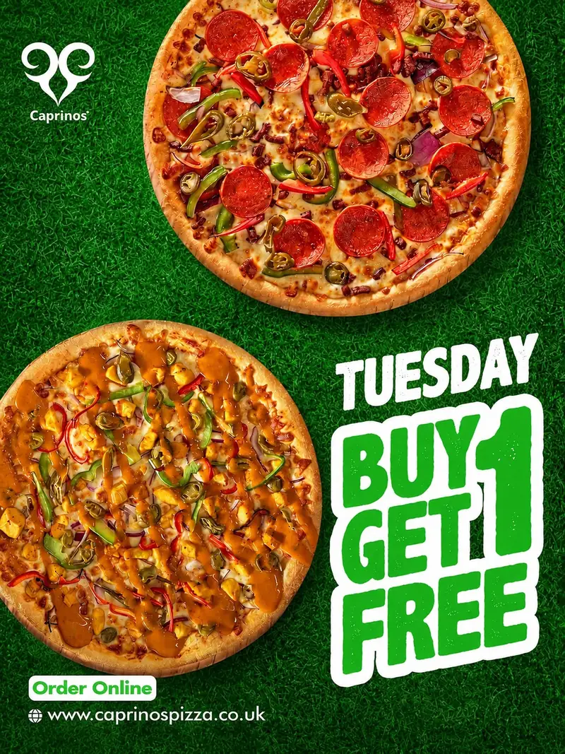 Caprinos Pizza Instagram post: two pizzas on green with a Tuesday buy one get one free offer