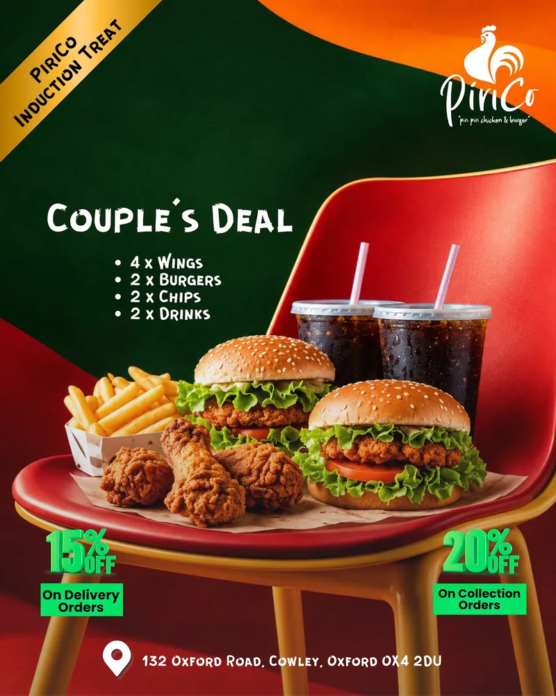PiriCo Instagram post: Couple's Deal of wings, burgers, chips and drinks on a red chair