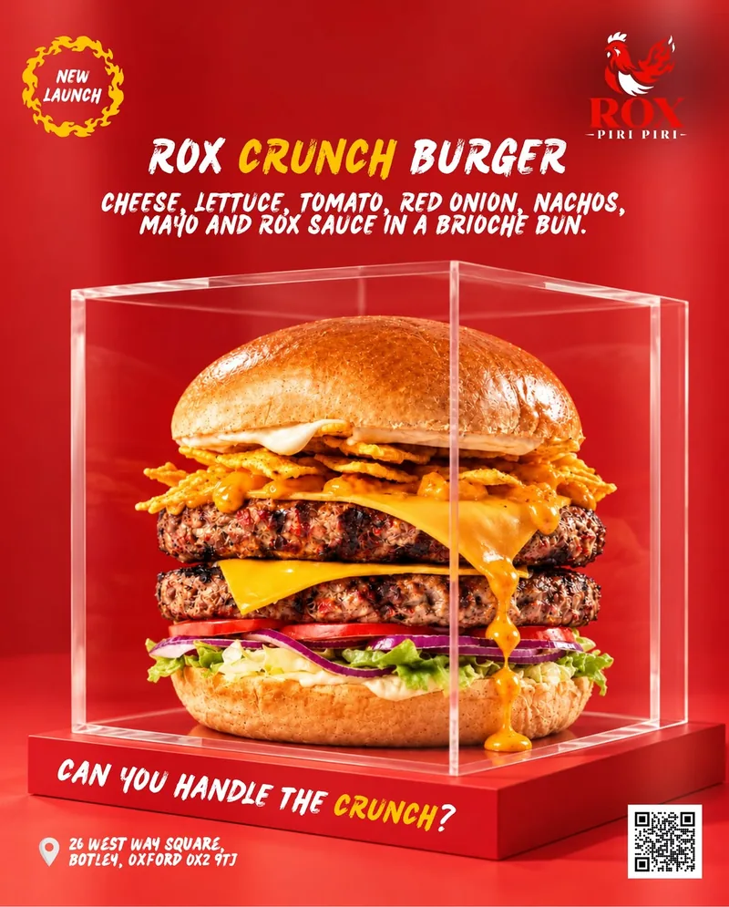 Rox Piri Piri Instagram post launching the Rox Crunch Burger in a glass display case