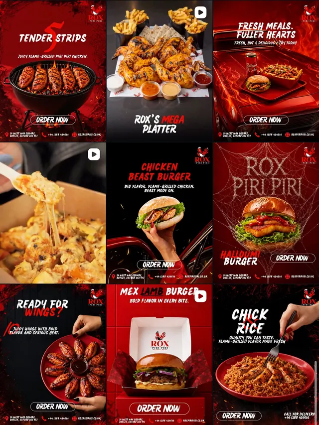 Rox Piri Piri Instagram grid after Socialcave: a dark red, cinematic food brand with consistent order-now calls to action